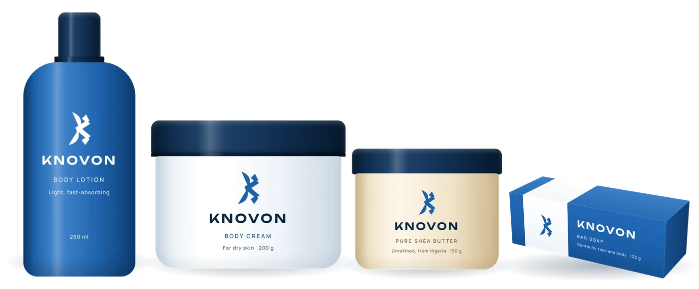 The Knovon range: body lotion, body cream, shea butter and bar soap